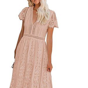 BLENCOT Womens Peach Casual Boho Floral Lace V Neck Long Evening Dress Size L